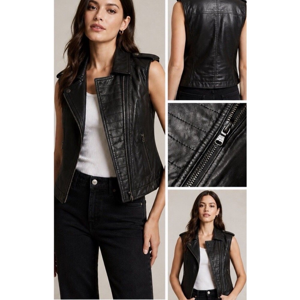 Kenneth Cole Women's leather Moto Zip Vest Black Sz S lined qulited Zip pockets